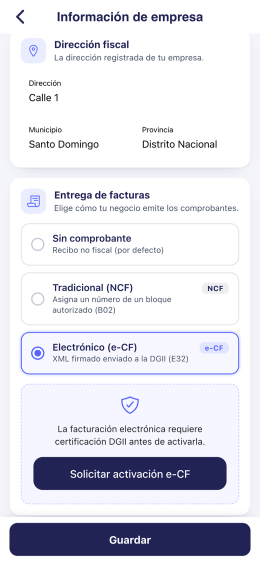 Pantalla de facturación electrónica en Davinote Partners: elige entre NCF tradicional (B02) y e-CF enviado a la DGII (E32).