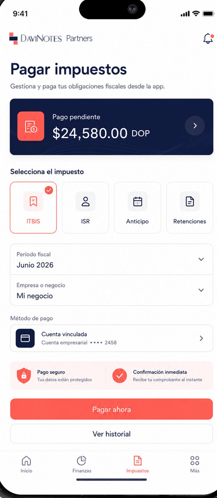 Tax payment flow in the Davinote Partners app